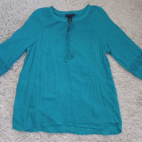 Lane Bryant Women’s 14/16 Teal Boho Peasant Tunic Top Crochet Sleeve 100% Cotton - Picture 1 of 7